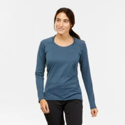 Quechua Shirt Met Lange Mouwen Voor Bergwandelen Dames MH550 Grijsblauw -Aanbiedingen Sportief Leven Winkel shirt met lange mouwen voor bergwandelen dames mh550 grijsblauw 2